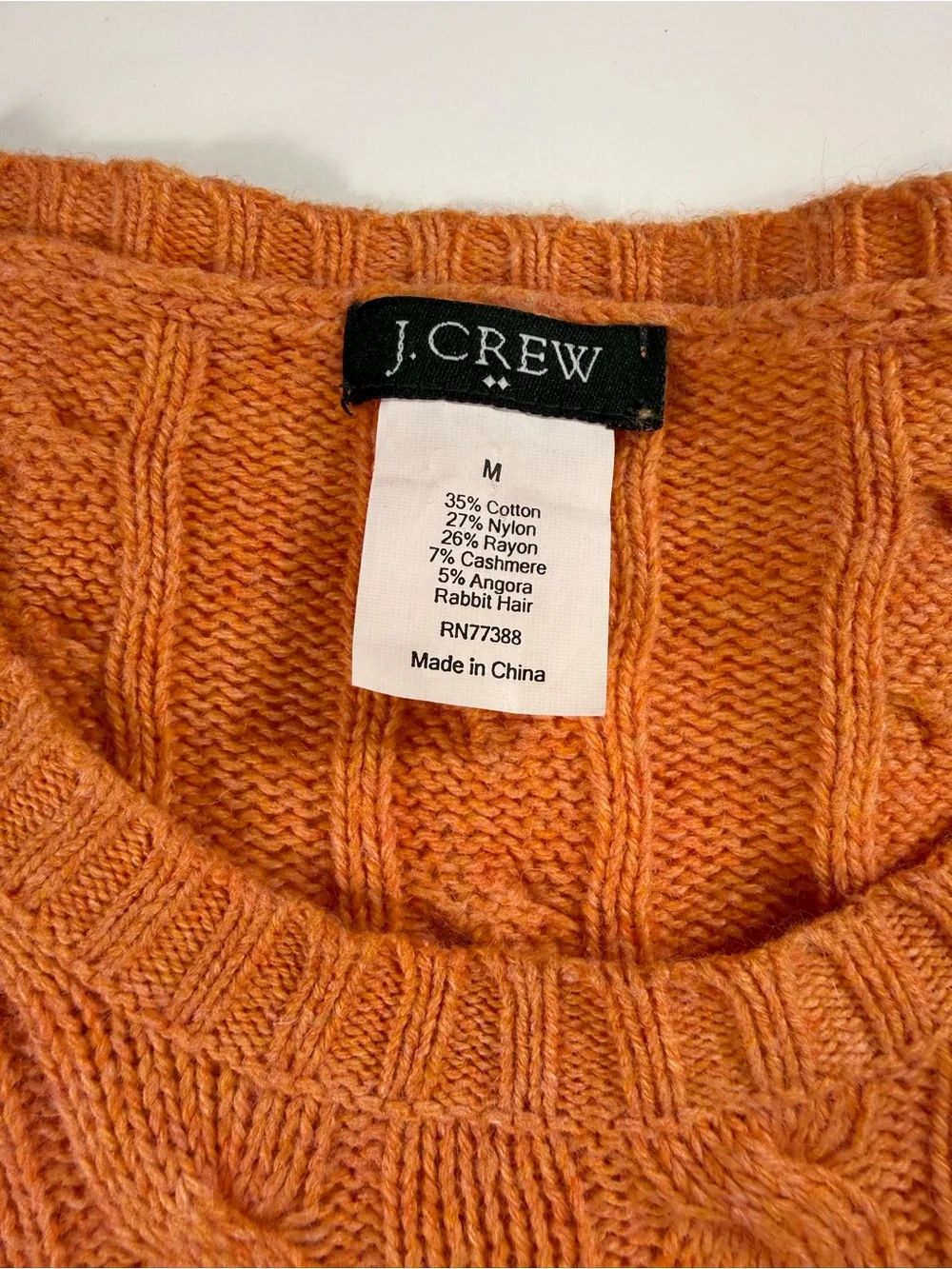 J. Crew Cashmere Cotton Blend Orange Cable-Knit Crewneck Sweater